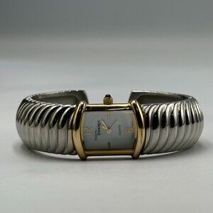 Steel by Designs Watch Women Silver Tone Chunky Ribbed Cuff Band New Battery